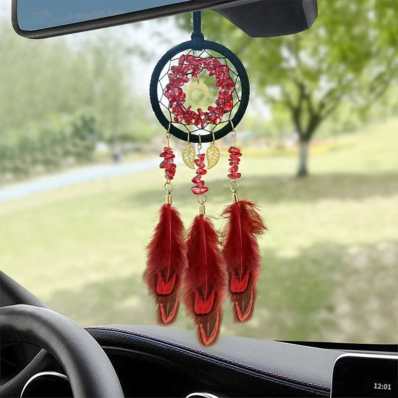 Red Crystal Feathers Mini Dream Catcher Car Pendants Wall Hangings Handmade Oranents Wind Chimes for Girls Birthday Gifts