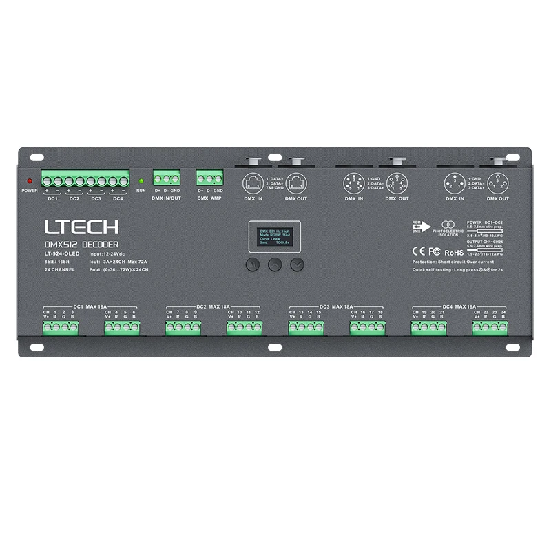 LTECH DMX/RDM CV Decoder DC12-24V 3A/CH 32 Channel 96A(32CH) 24 Channel 72A(24CH) 3-pin XLR, 5-pin XLR, RJ45, Green Terminal