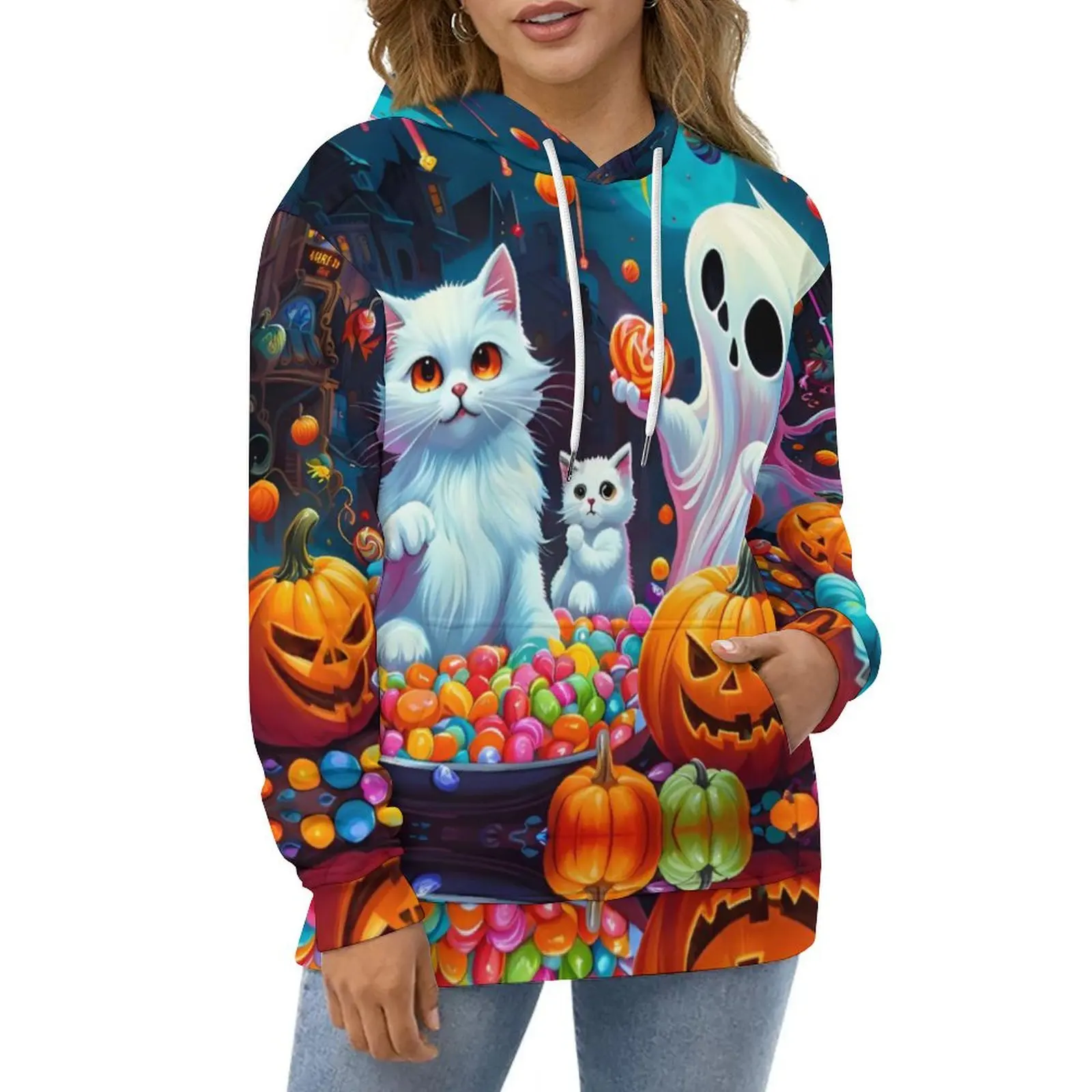 Pumpkins Ghost Kitten Hoodies Happy Halloween Streetwear Casual Pullover Hoodie Long Sleeve Pretty Graphic Hooded Sweatshirts