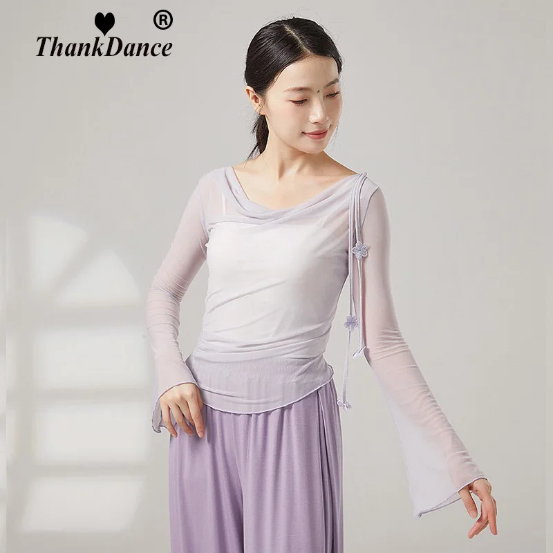 المرأة الكلاسيكية الرقص قميص الملابس الصينية الرجعية مشبك القديمة قافية الشاش شفافة طويلة الأكمام بلايز ملابس رقص الشعبية