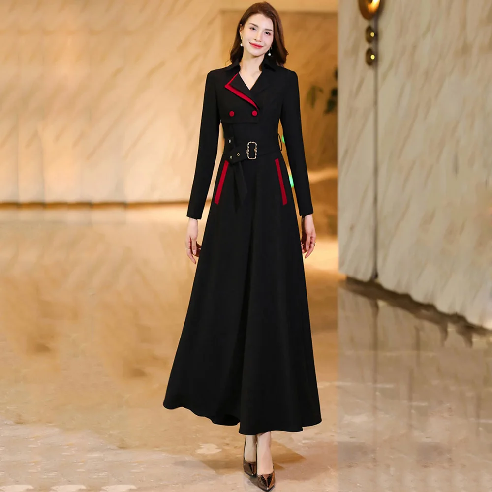 

New Women Spring Autumn Black Trench Dress Fashion Contrast Color Suit Collar Long Sleeve Dress Elegant Slim Overlength Dress