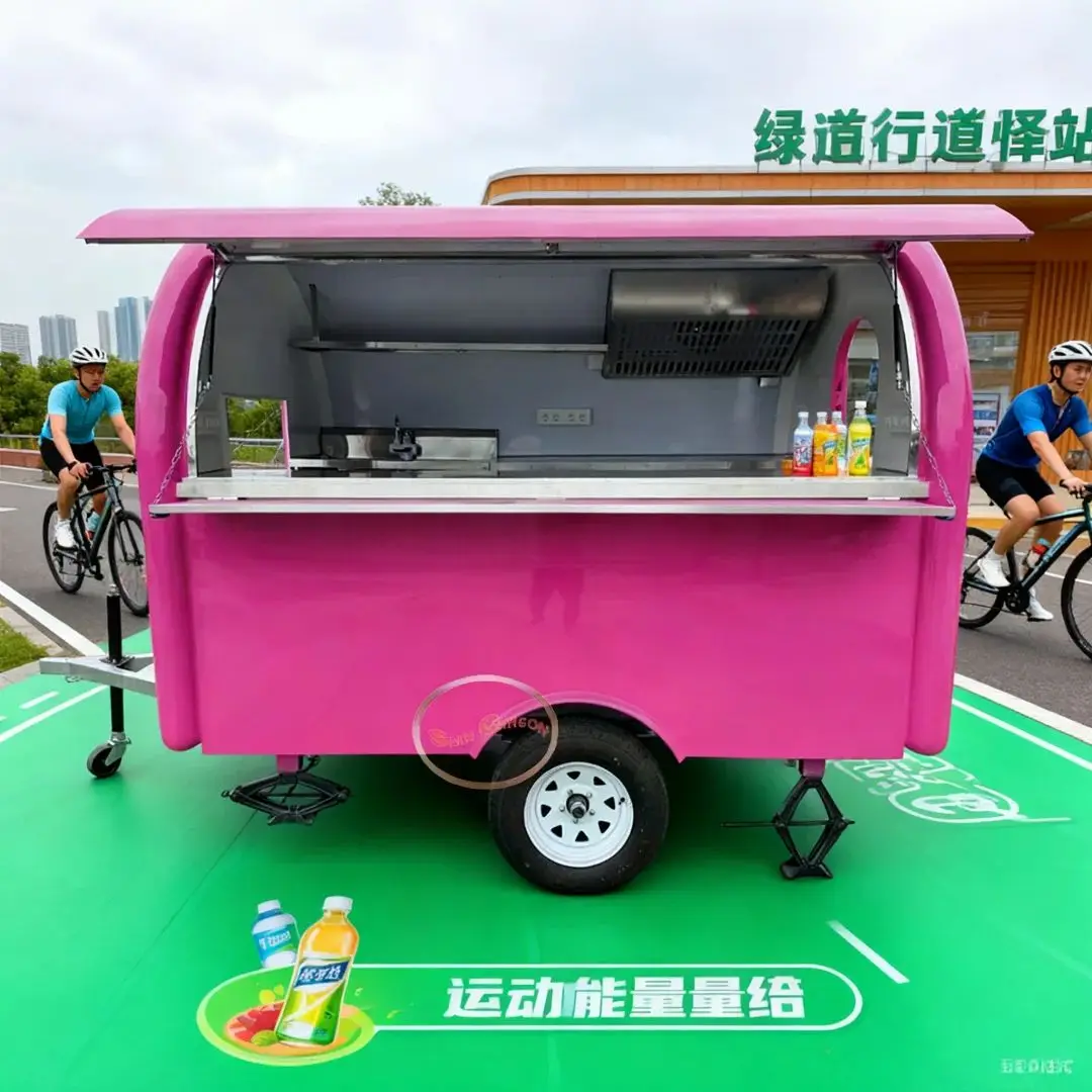 Pink Portable Food Trailer Mobile Catering Cart with Stainless Steel Workbench Outdoor Vending Kitchen Cart