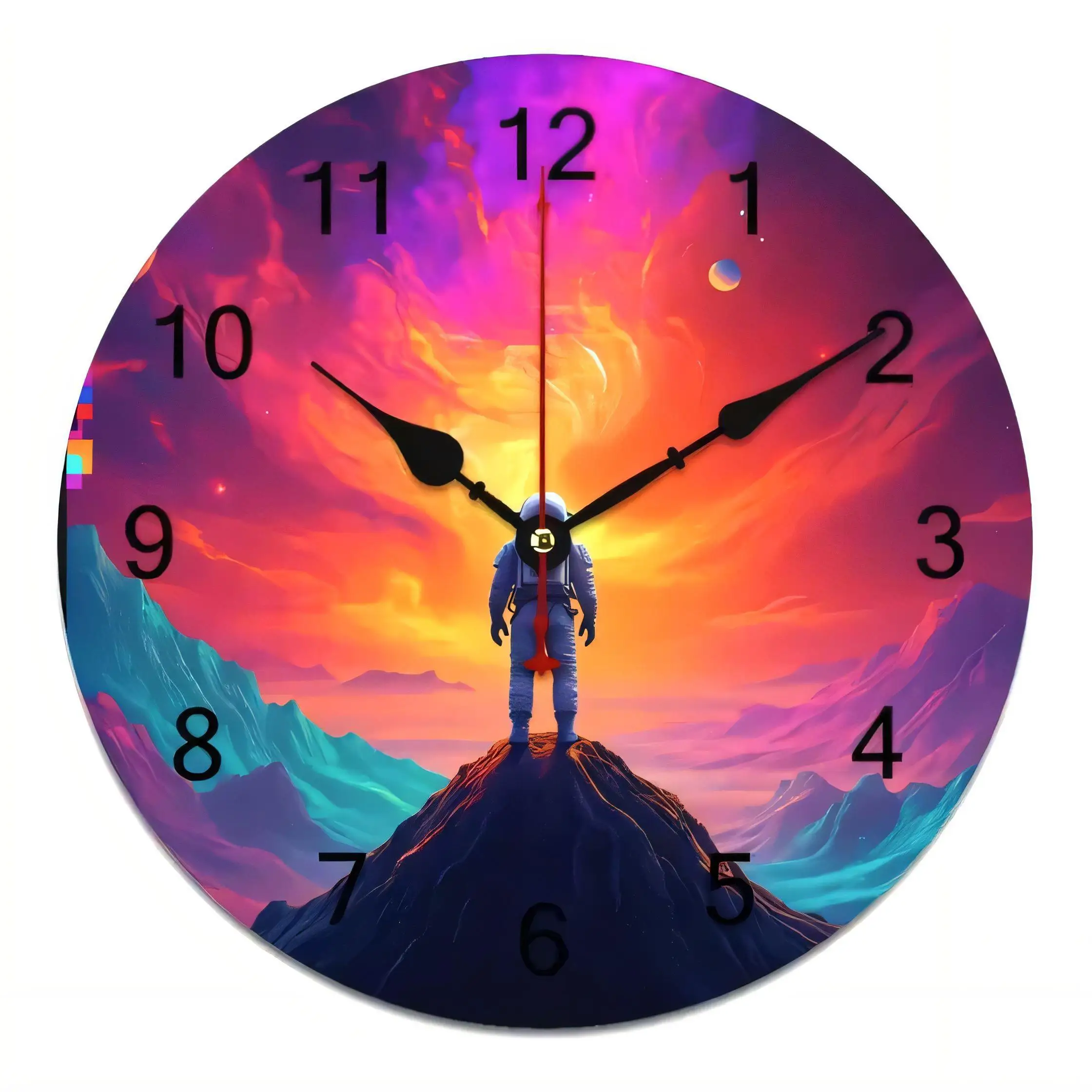 Vintage  Wall Clock, Cosmic Astronaut Mountain Landscape Silent Non Ticking Battery Operated Home Decor Art for Living Room