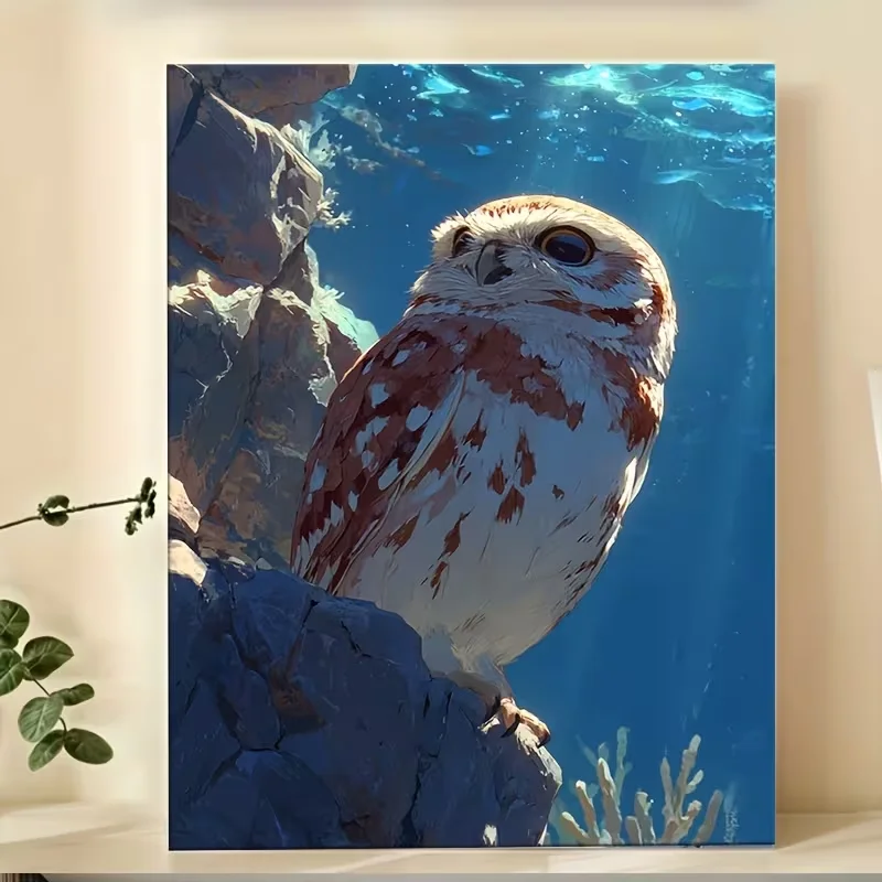 2D Flat, 1pc Modern Abstract Brown & White Owl Frameless Canvas  - Waterproof Christmas Wall Art Suitable for Ind