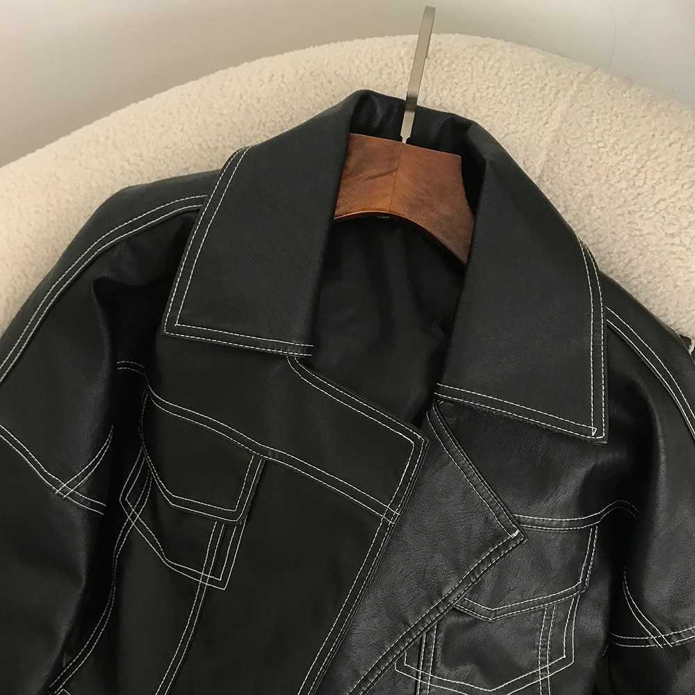 New Biker Jacket Streetwear Faux PU Leather Coat Spring Women Fashion Split Hem Black Lapel Long Sleeve Female Casual Fashion