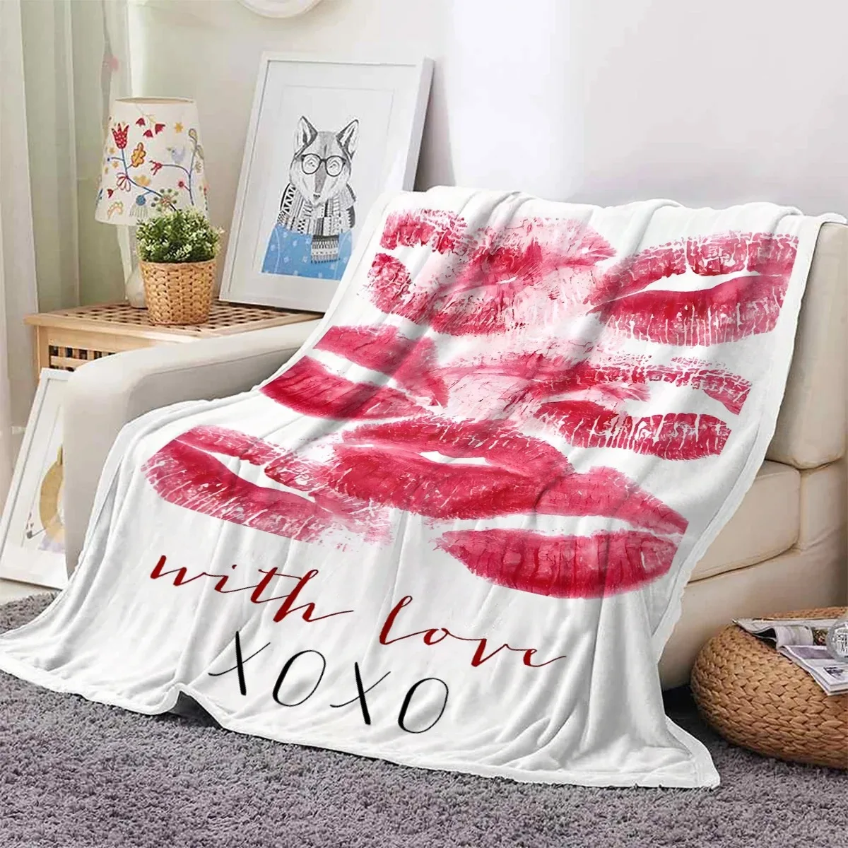 Romantic Red Lip Print Pattern, Flannel Blanket, Skin Friendly, Warm, Office, Home, Travel, Camping, All Season Style