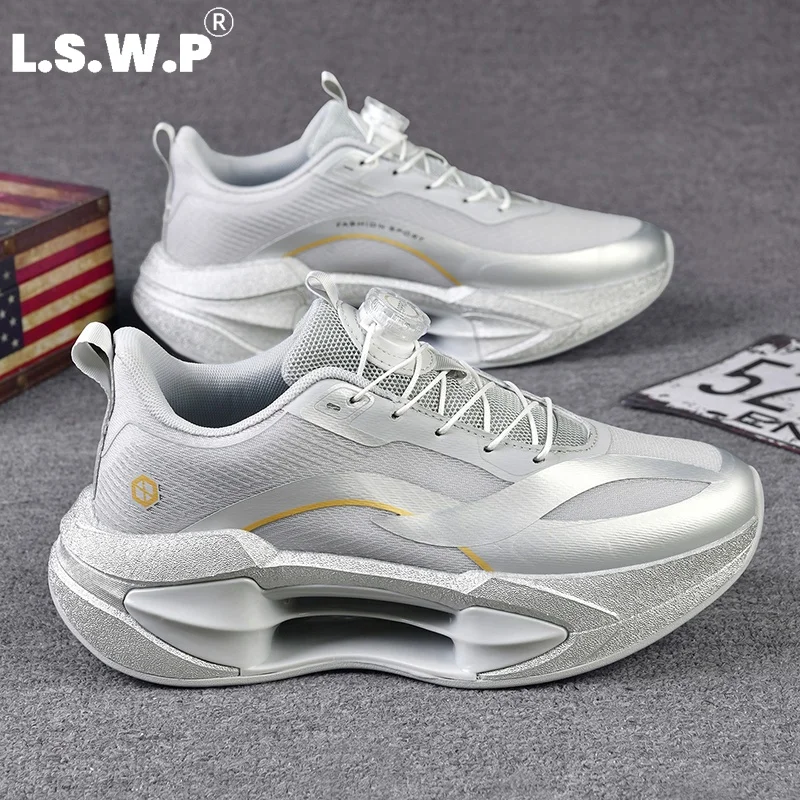Men's Running Shoes, Tennis Shoes, Fashionable Color-Blocking Hollow-Out Suspension Sole Rebound Running Shoes, Unisex Twist-Lock No-Tie Shoelace Sneakers, Mesh Breathable Non-Slip Wear-Resistant Racing Running Shoes, Outdoor Fitness Student Daily Multi-Color Trendy Shoes