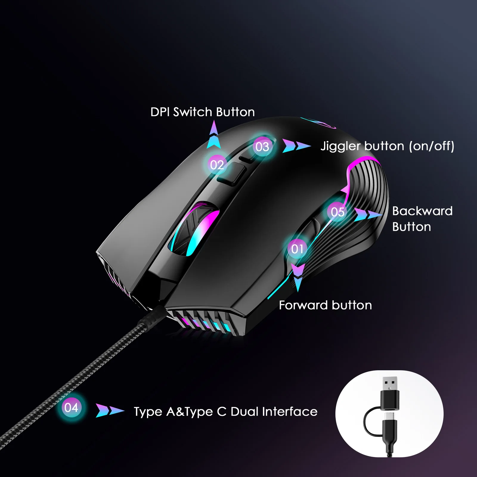 Wired Game Office Mouse RGB Light Effect 7200 Resolution Adjustable Compatible Type-C USB Plug And Play Office Use Play Game