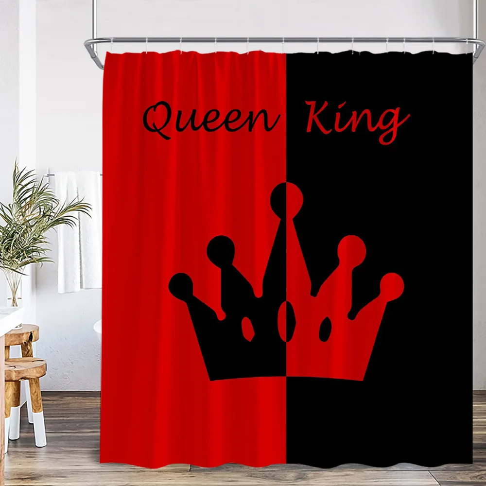 Crown Queen and King Shower Curtain Black White Pink Red Background Mrs Mr Right Couple Lover Polyester Bathing Decor Curtain