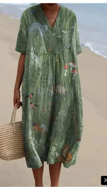 New Summer Elegant Loose Dress Women Print Fashion V Neck Short Sleeve Holiday Party Female Dresses Vestidos Robe Femme image 3
