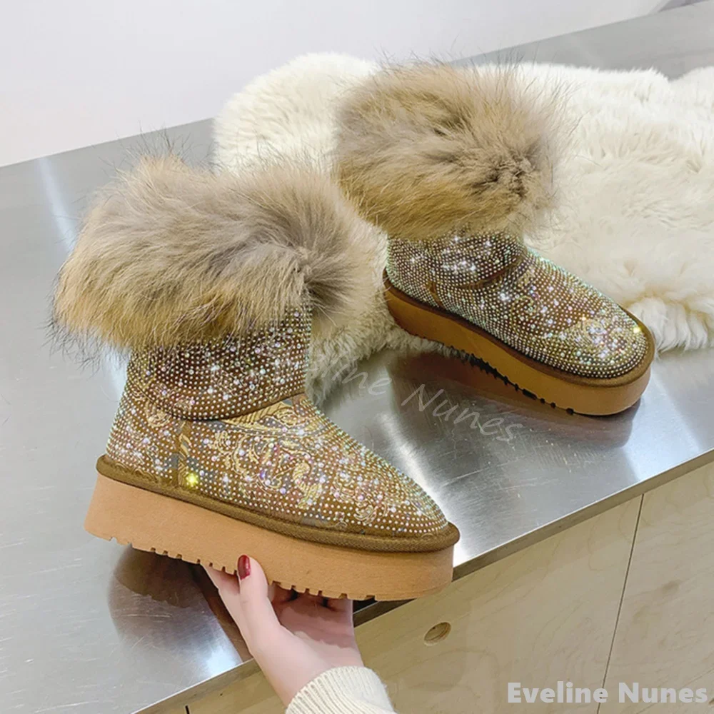 

Shiny Baby's Breath Rhinestones Snow Boots Women Round Toe Slip On Gold Furry Ankle Boots 2025 Winter Warm Non-slip Snow Boots