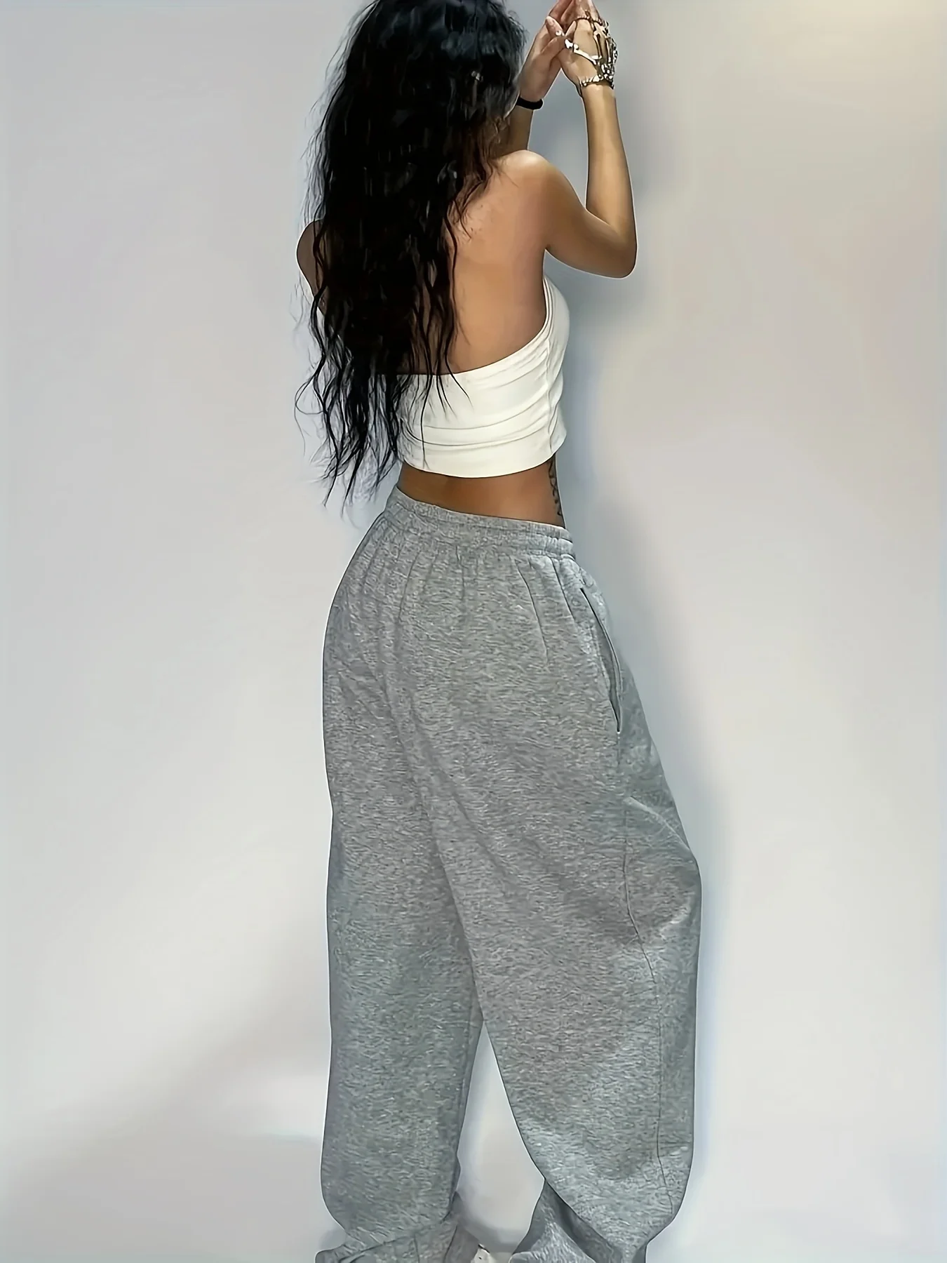 بنطال Y2K نسائي فضفاض واسع الساق مع خصر برباط بلون سادة بناطيل كاجوال قابل للغسل في الغسالة مريح لجميع المواسم #5