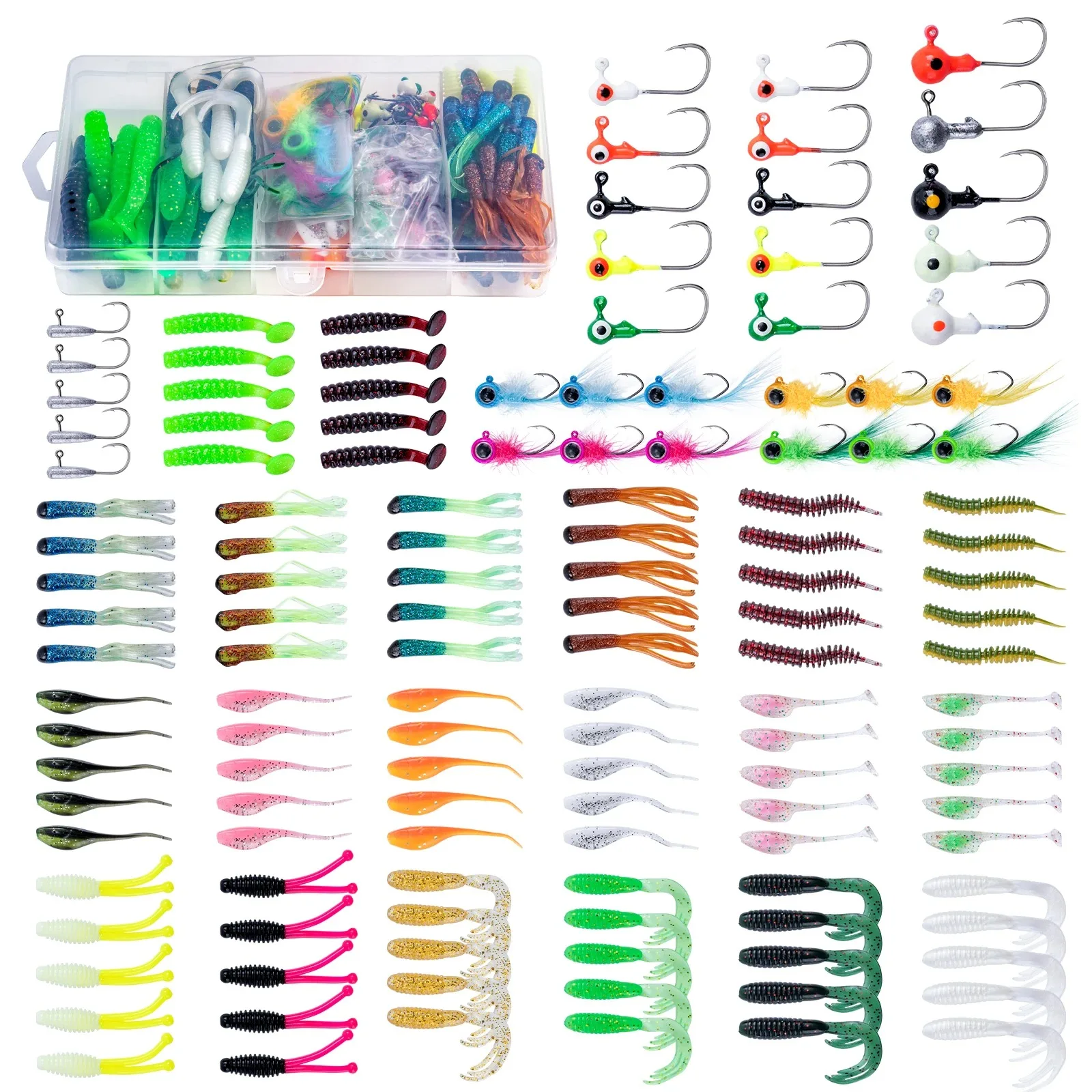 Goture Crappie Tube Baits Set with Jig Heads Hooks Plastic Worms Soft Plastic Bait Set 126/128/132 pcs Trout Fishing Tool Kit