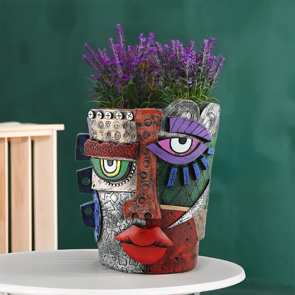Retro Blumentopf mit Menschlichem Gesicht, Bunter Abstrakter Kunst-Sukkulententopf, Lustige Harz-Ornamente, Großer Durchmesser Kreativer Pflanzentopf – Detail 8