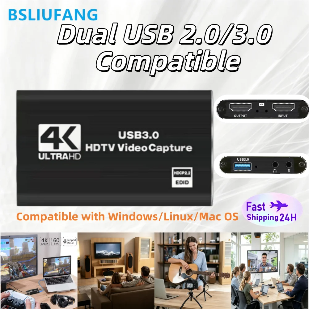 BSLIUFANG 4K USB 3.0 Video Capture Card, HDMI-compatible HDTV Recorder Grabber for Game Recording, PC, Game Audio & Mic