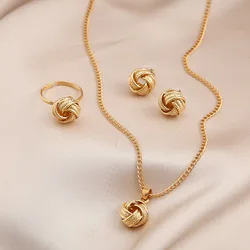 Gold Color Alloy Metal Twist Lucky Knot Earrings Necklace Ring Jewelry Set for Women Girls Trendy Geometric Vintage Accesories