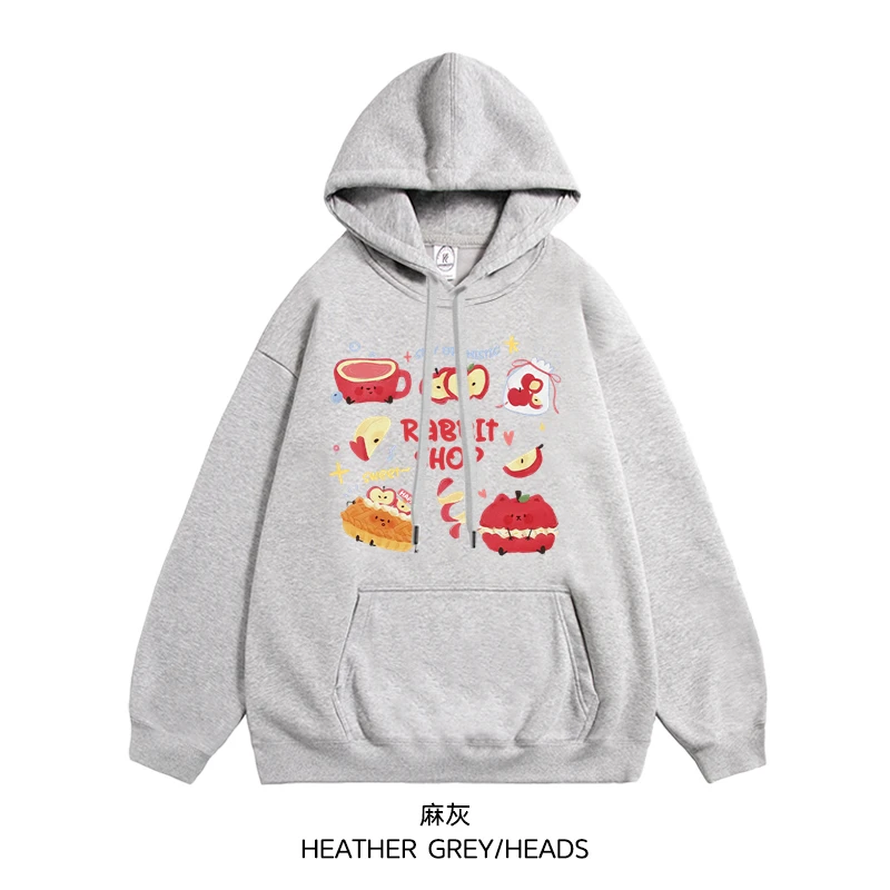 2025 Autumn Winter New Fun Apple Print White Apricot Hoodie Korean Style Loose Versatile Blue Black Wine Red Velvet Top