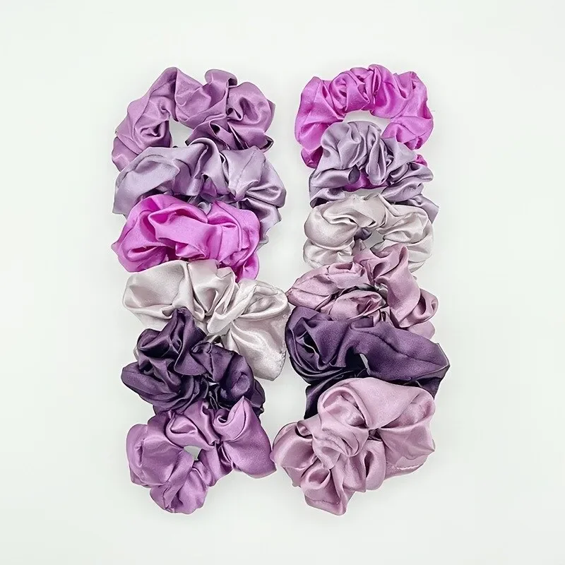 12 Pieces Purple Elegant Satin 6pcs Large Intestine Ring + 6pcs Small Intestine Ring Elastic Ponytail Hair Rope Gift Set