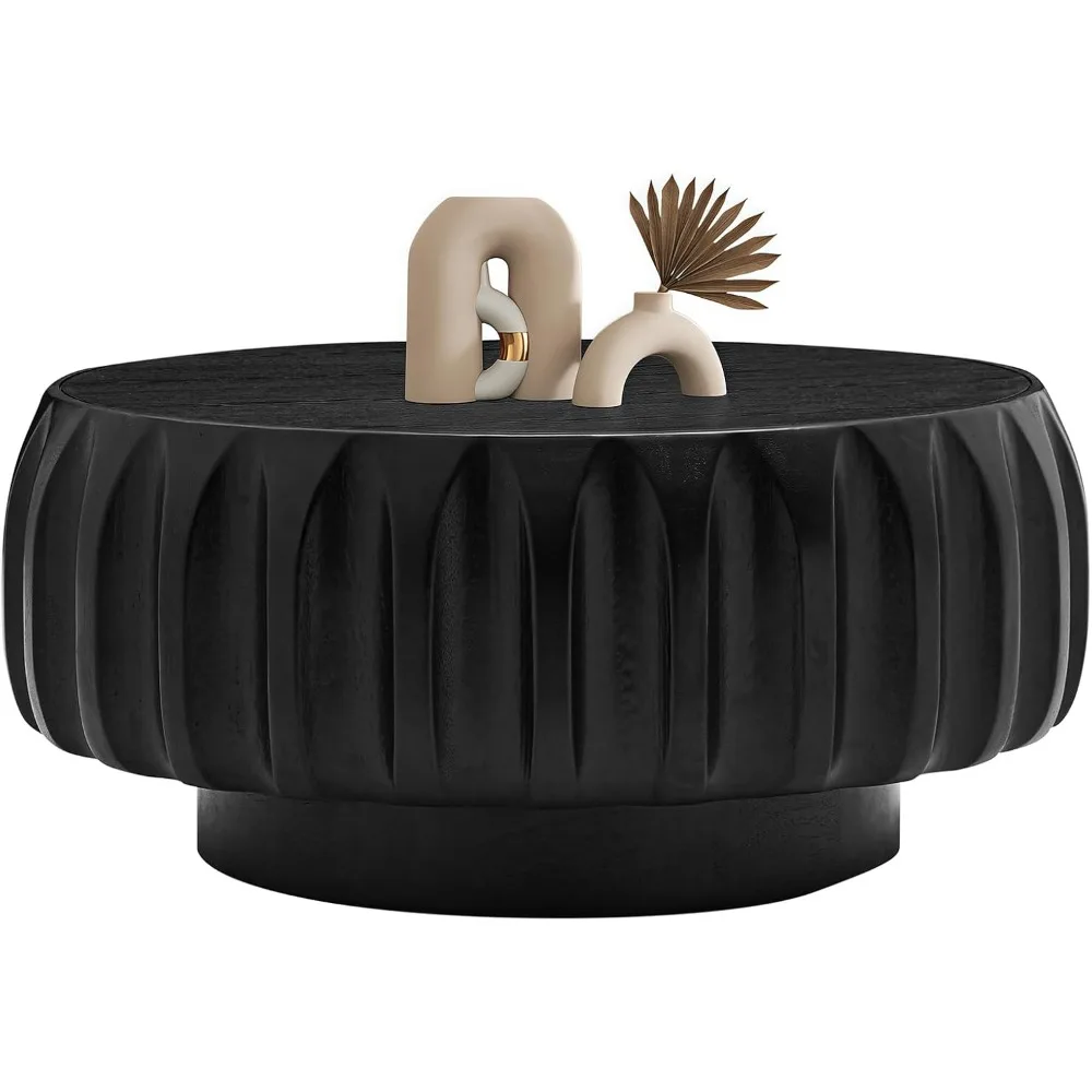

31.5 Drum Coffee Table Modern Round Coffee Table Wood Fluted Centry Table with Solid Wood Veneer for Living Room, Easy Assemble
