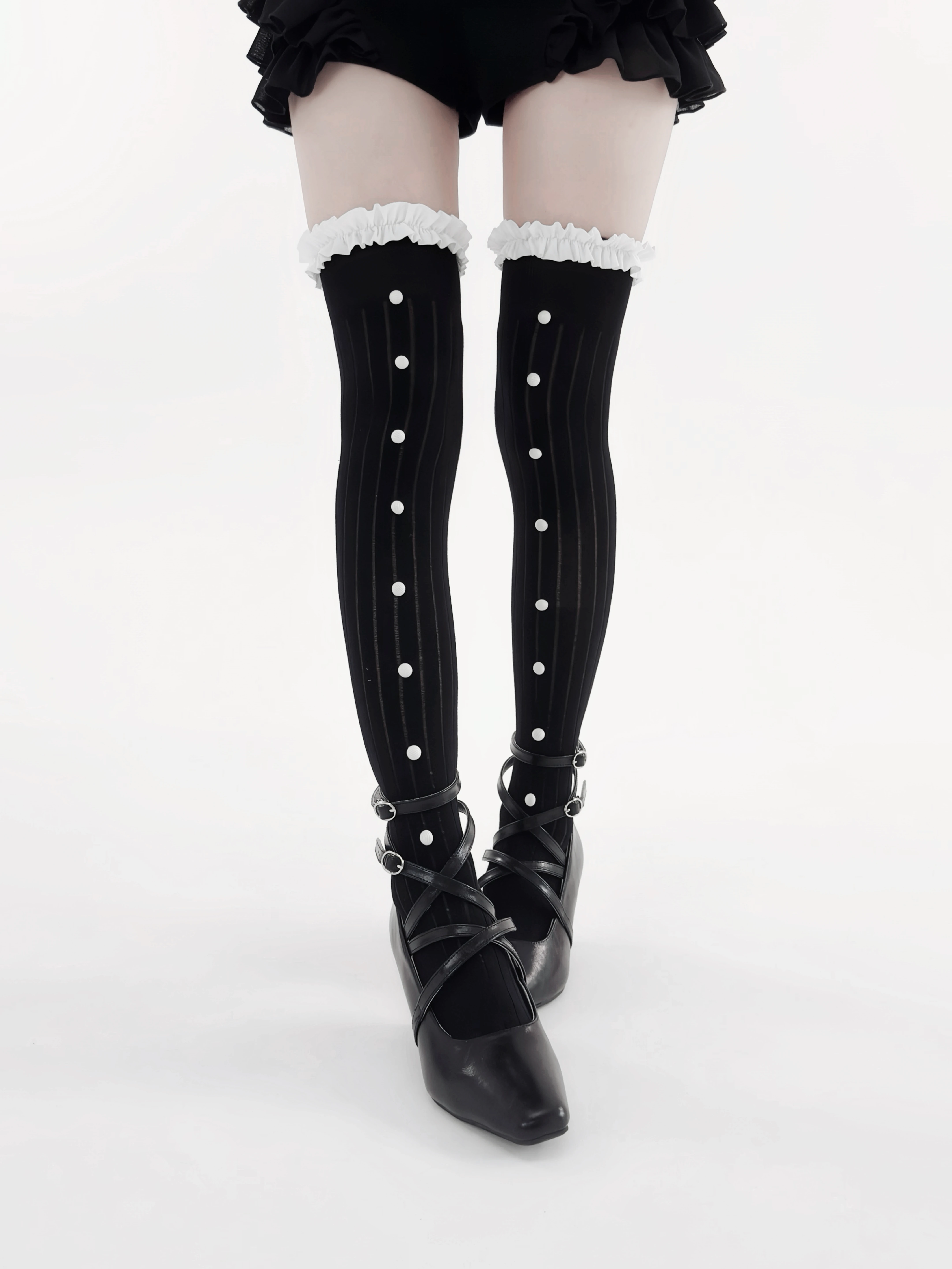 Original Design Long Tube Socks Pure Cotton White Angel And Devil Lace Trim Gothic Leggings Black And White Full Length Socks