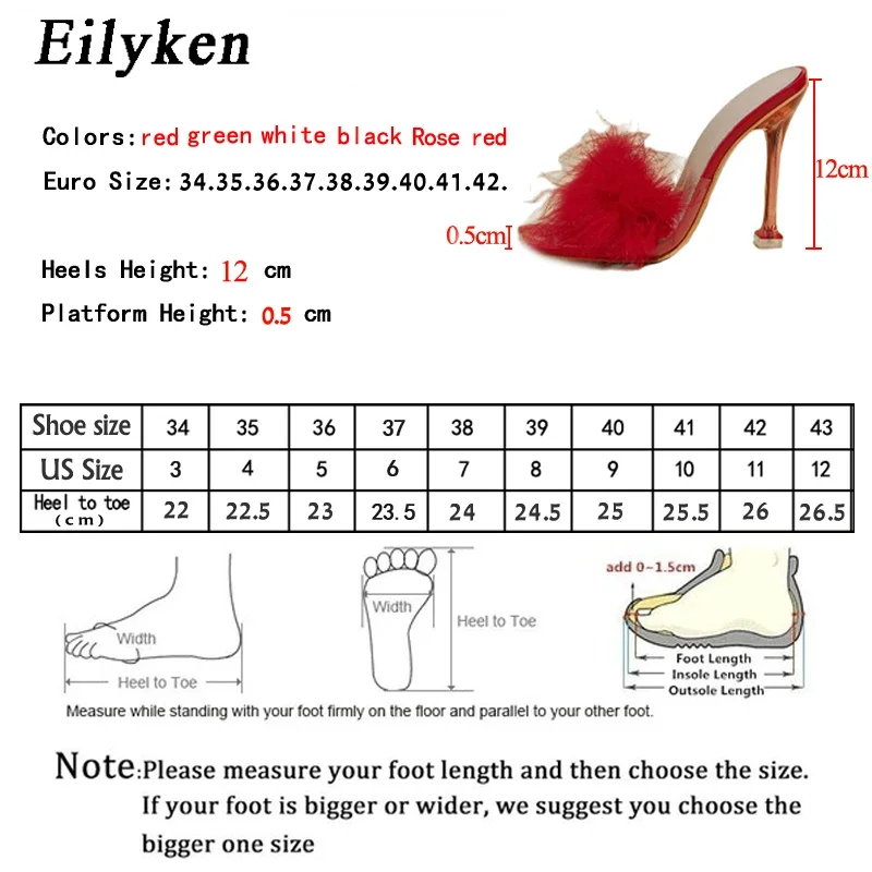 Eilyken Summer Design Feather Faux Fur Women Slippers Sexy Square Toe Clear Crystal High Heels Shoes Party Prom Slides Sandals