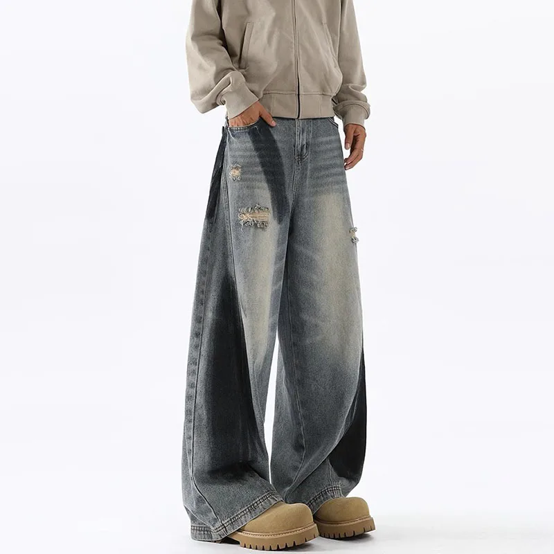 

Korean Men'S Patchwork Ripped Jeans Fashion Retro Wide Leg Pants Y2k Jeans Straight Leg Jeans Blue Baggy Jeans