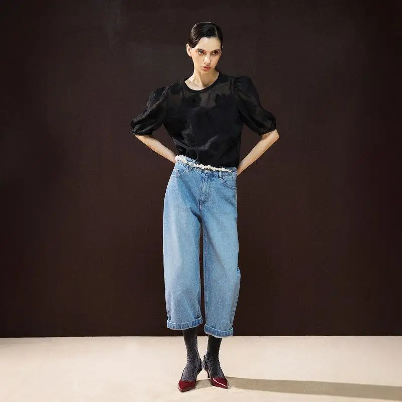 

Модные свободные джинсы прямого кроя длиной 7/8 с завышенной талией, утягивающие, для ранней осени, новинка, корейский стиль, LANV24, женские джинсовые брюки