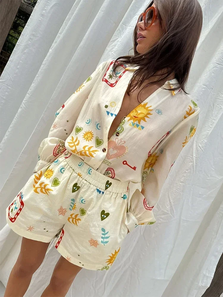 Holiday Print Elastic Waist Pocket Shorts Suit Women Causal Loose Lapel Long Sleeved Shirt 2 Piece Set New Lady Vacation Outfit