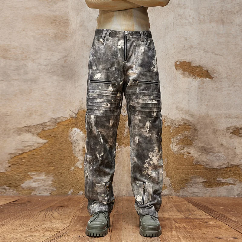 American High Street Camouflage Print Design Wide Leg Jeans Men's Loose Straight Drooping Personality Motorcycle Trousers