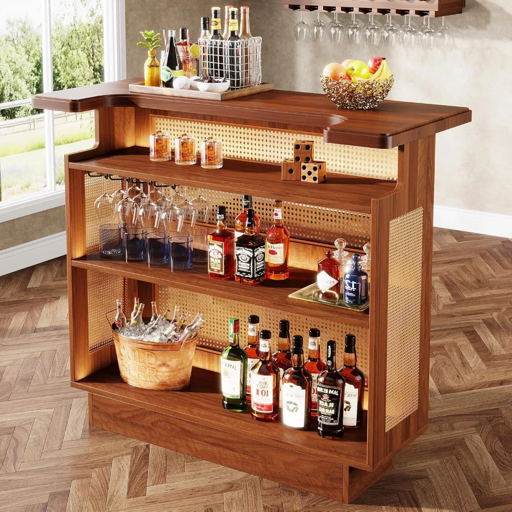 

Home Bar Unit, 4-Tier Liquor Bar Table, Mini Bar with Wine Racks and Glass Holder, Farmhouse Bar Cabinet for Home Kitchen Pub,