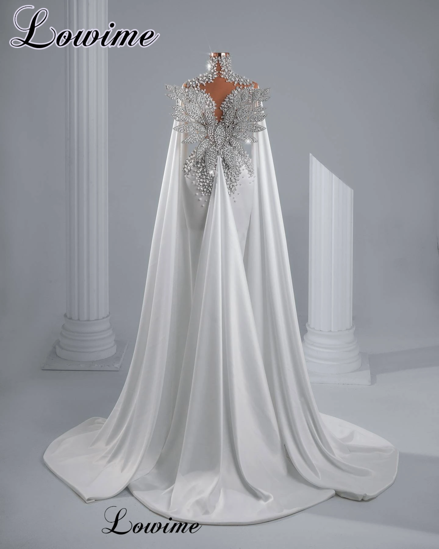 

High Fashion White Evening Dresses Mermaid Crystals Long Sleeves Celebrity Dresses Party Gowns Robes De Soirée Customized