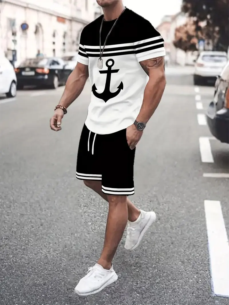 

Мужская летняя двухсекционная футболка с короткими рукавами и круглым вырезом с 3D принтом якоря и шорты на шнурке, уличный мужской костюм-футболка