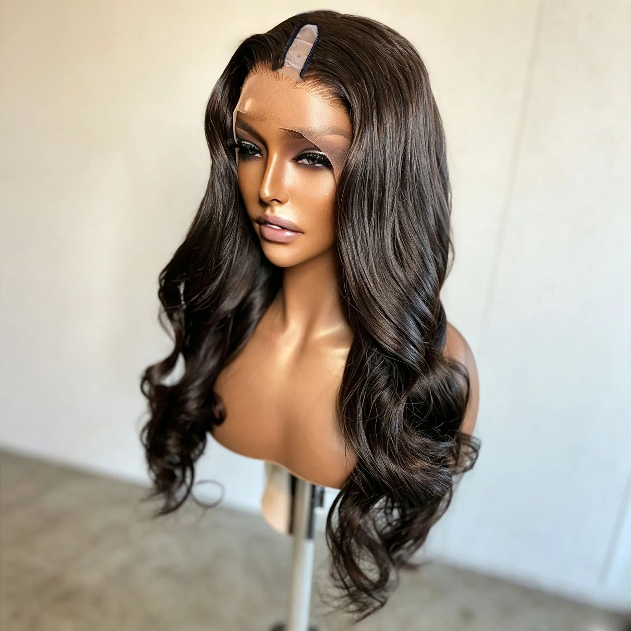 Body Wave V-Teil-Perücke Braun Schwarz Remy Echthaar 250% Wellige U-Teil-Perücken für Frauen Anfängerfreundliche Haarperücken Einfache Anbringung – Detail 1