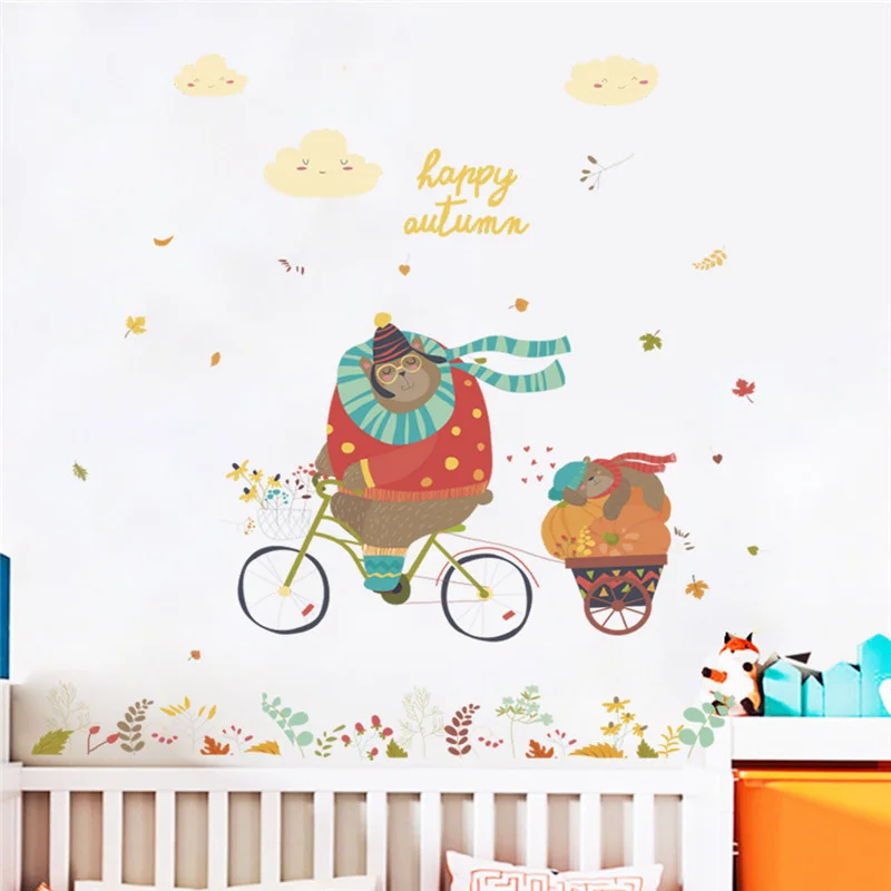 Lovely Animal Riding Bike Flowers Road Wall Stickers For Kids Room Home Decoration Diy Cartoon Wall Art Decal Pvc Poster