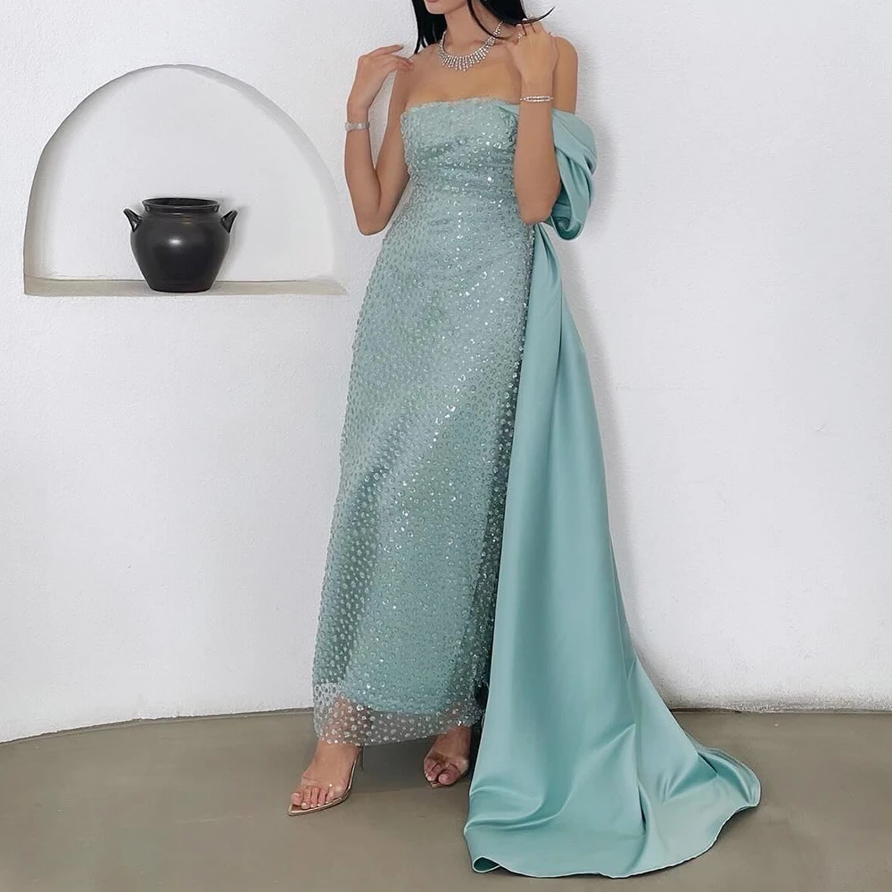 Exquisite One Shoulder Satin Evening Dresses Temperament Straight Ankle Length Strapless Short Sleeves Vestidos De Fiesta