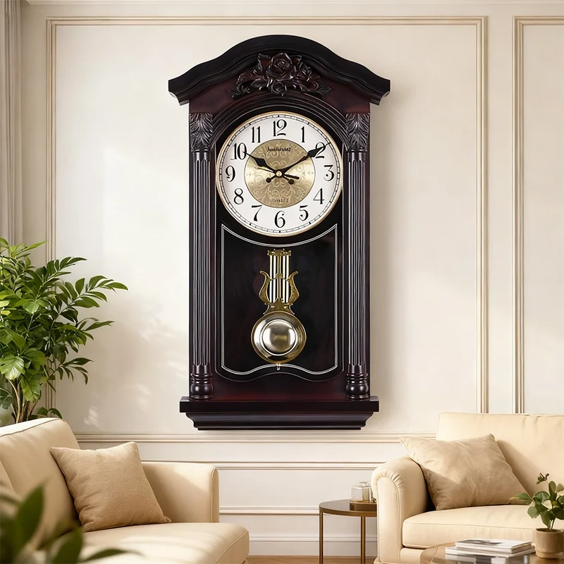 Retro Wall Clock with Chinese-style Pendulum - A High-end Stylish Decorative Clock for Living Rooms, Featuring Hourly Chiming