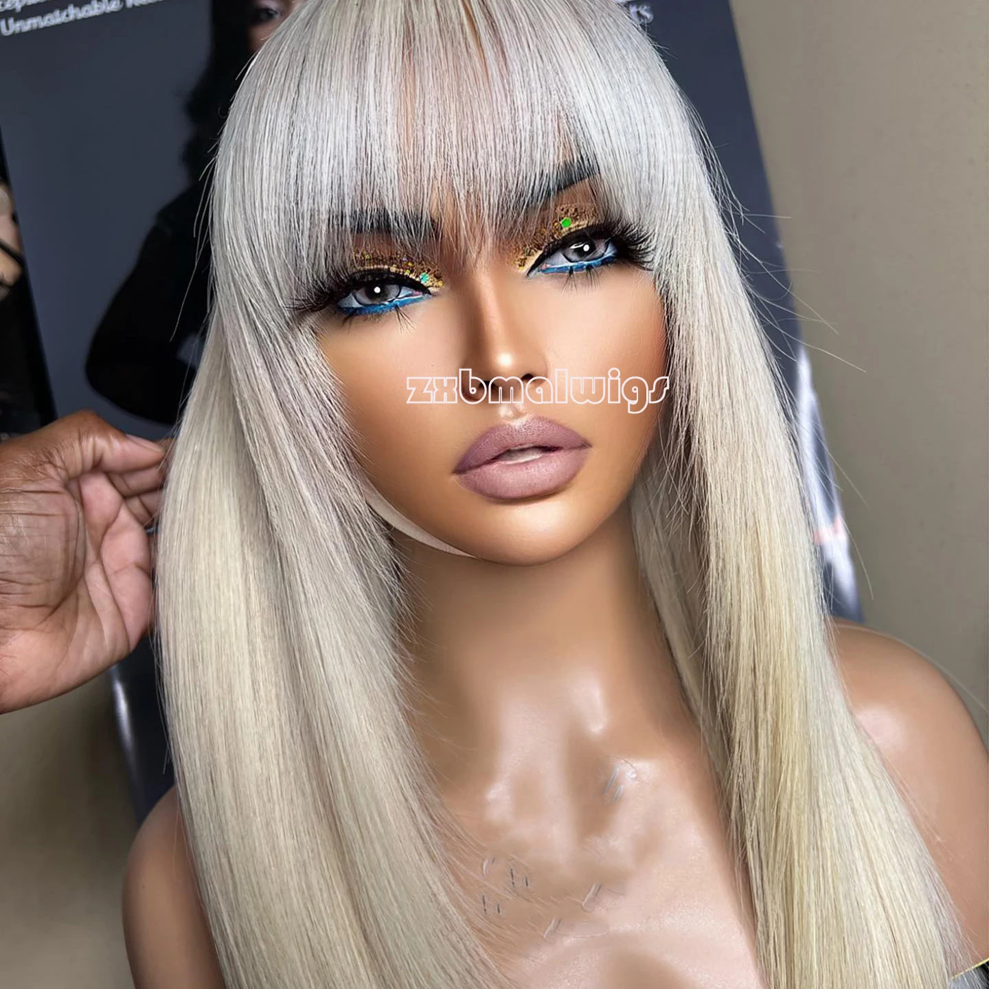 ZXBMALWIGS Synthetic 13X4 Straight Blonde Fringe Bangs Hair Lace Front Wigs for Women Glueless Cosplay Hair Heat Resistant Fiber