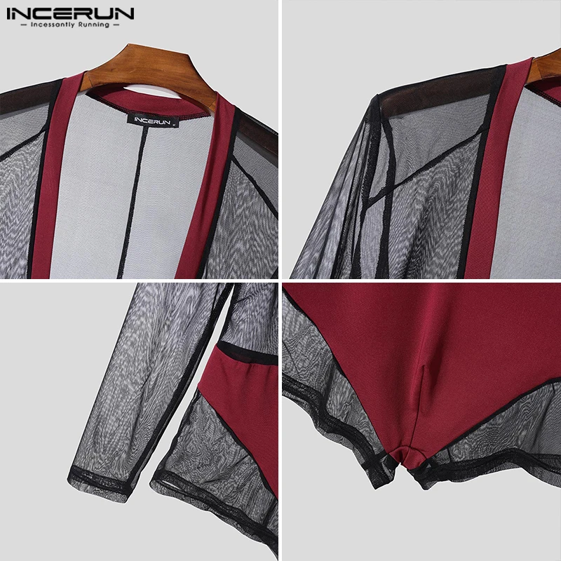INCERUN 패치 워크 여름 봄 남성 바디 슈트 v 넥 긴 소매 남성 Rompers 섹시한 streetwear 2025 패션 바디 슈트 S-3XL