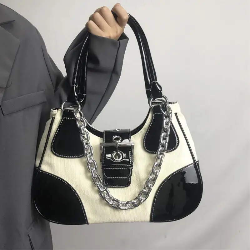 New Fashion Underarm Bag Women's Bag Metal Chain Bag Versatile Shoulder Bag Spliced Lacquer Canvas Bag Handbag Small Square Bag