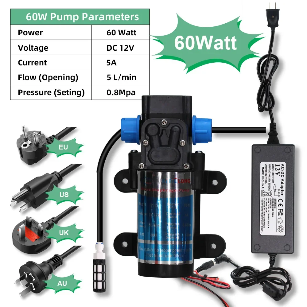 5-30M Water Pump Garden Drip Irrigation Set 60W DC12V Micro Electric System Diaphragm with 110-240V Power Adjustable Sprinkler