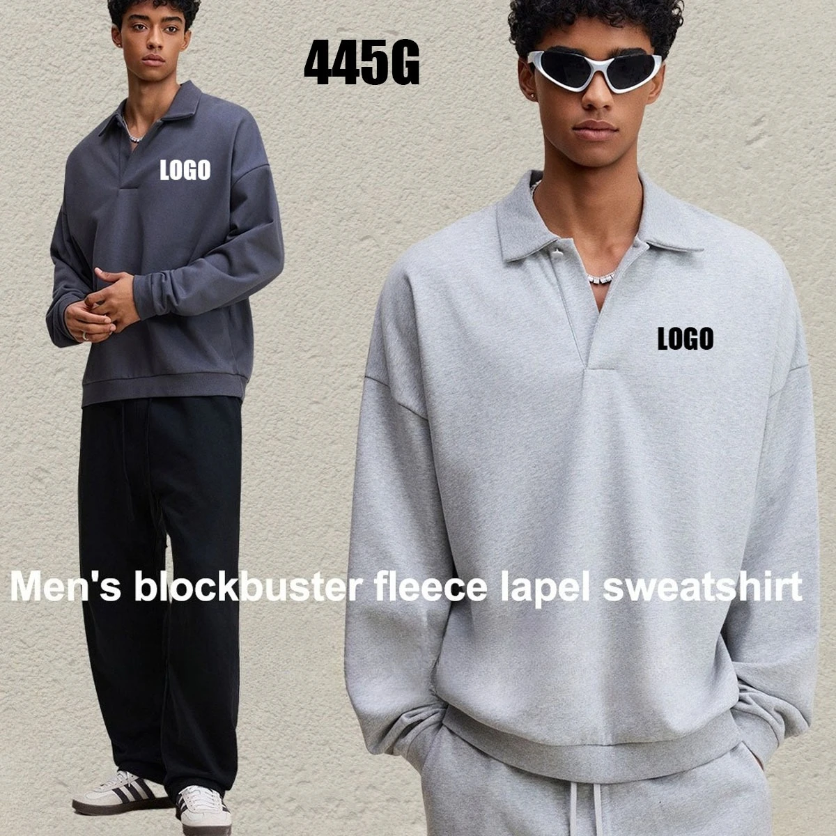 

Customized LOGO men's 445G heavy spring and autumn lapel sweater polo collar long-sleeved bottoming shirt high-quality top