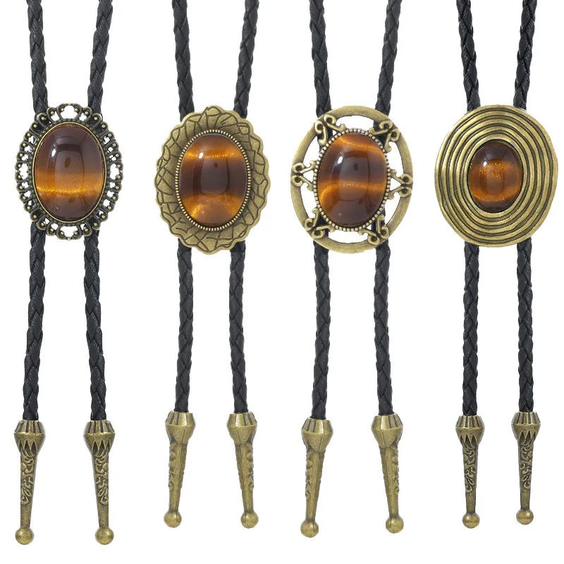 Retro Cowboy Bolo Tie Vintage Punk Hip Hop Leather Rope Alloy Jewelry Necktie for Men Women Jewelry Accessories