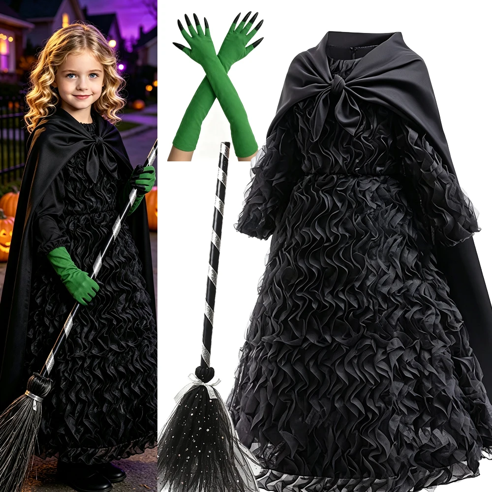 Black Witch Costume Girls Ruffled Tulle Dress with Cloak Long Sleeve Gothic Formal Gown Kids Halloween Carnival Birthday Party