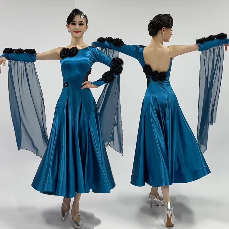 

Women Ballroom Dance Costume Standard Waltz Dresses Competition Outfit Blue Floating Sleeve Long Dresses Lady Ball Gowns AMY2059