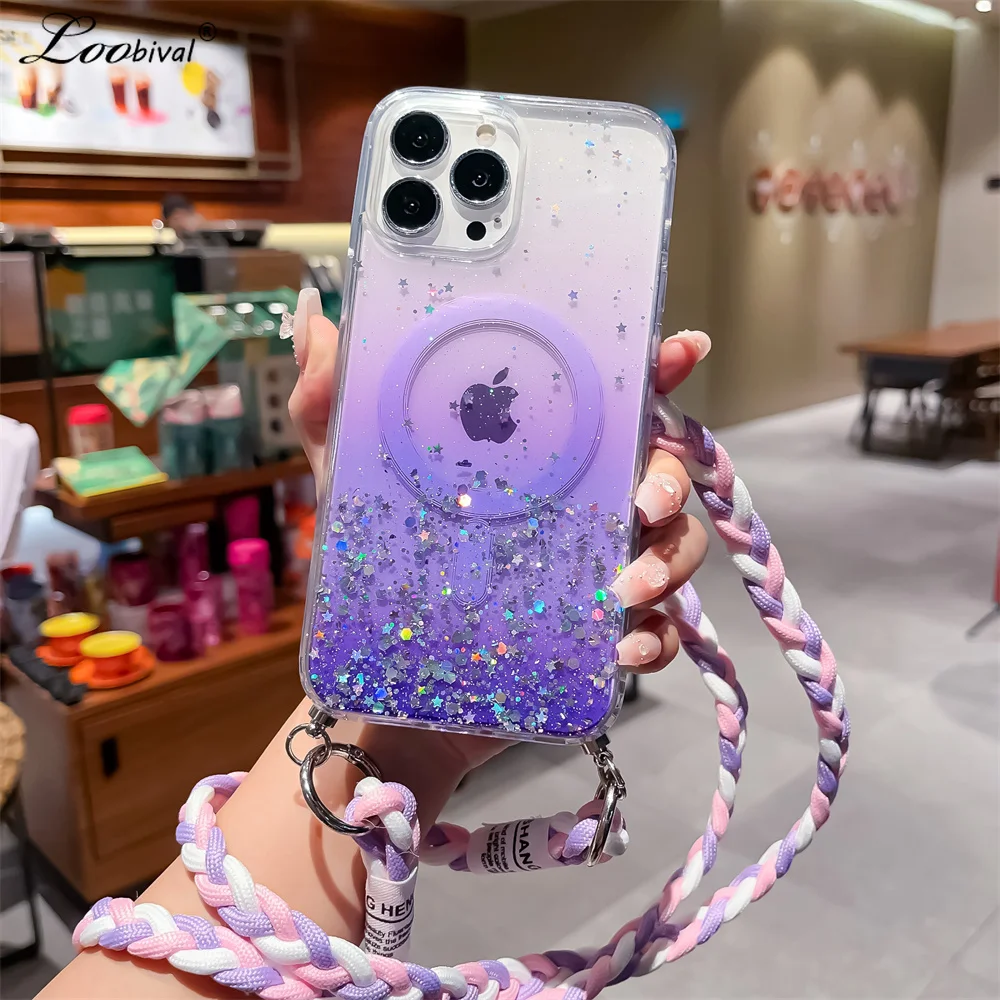 Glitter for Magsafe Crossbody Case For iPhone 15 14 13 12 11 Pro Max Mini X Xr Xs 8 7 Plus SE Transparent Gradient Lanyard Cover