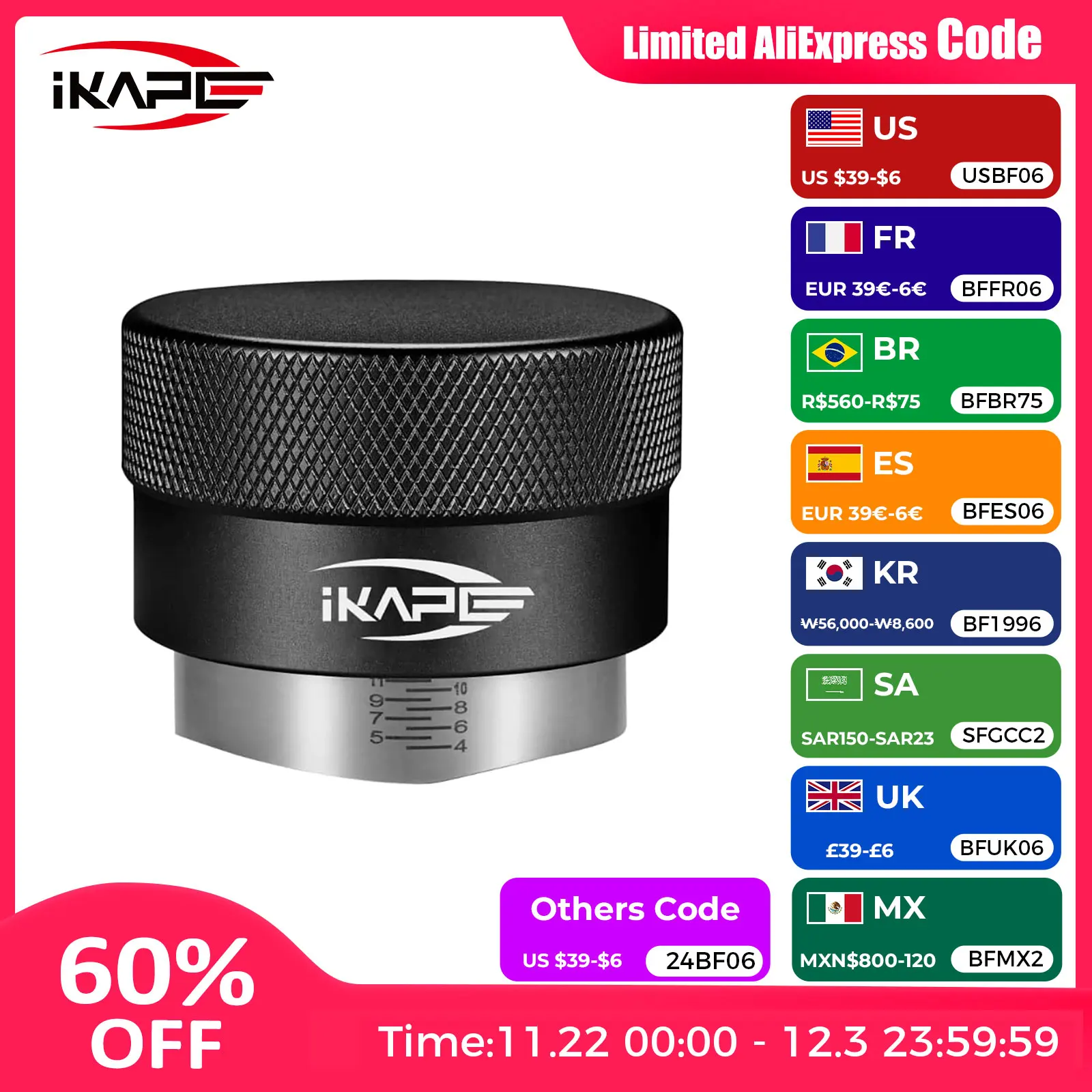 IKAPE Coffee Distributor, Fits 49MM, 51MM, 54MM, 58MM Espresso Portafilter Espresso, Gravity Distributor (Black/Sliver)