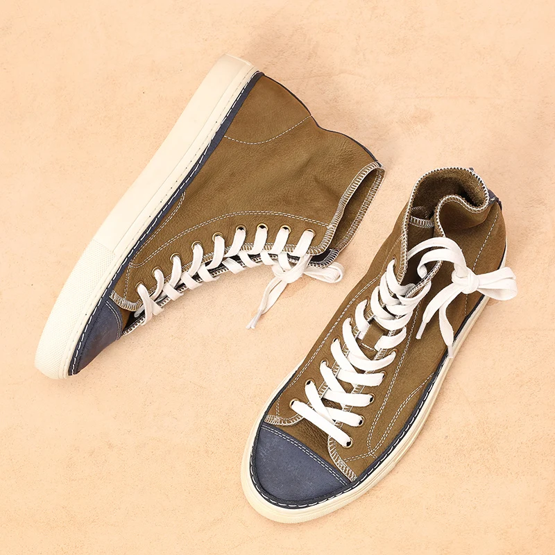 Genuine Leather Canvas Shoes Men's High Top Retro Breathable Trend Cowhide Sports Casual Shoes Male Sneakers Flats Spring Autumn