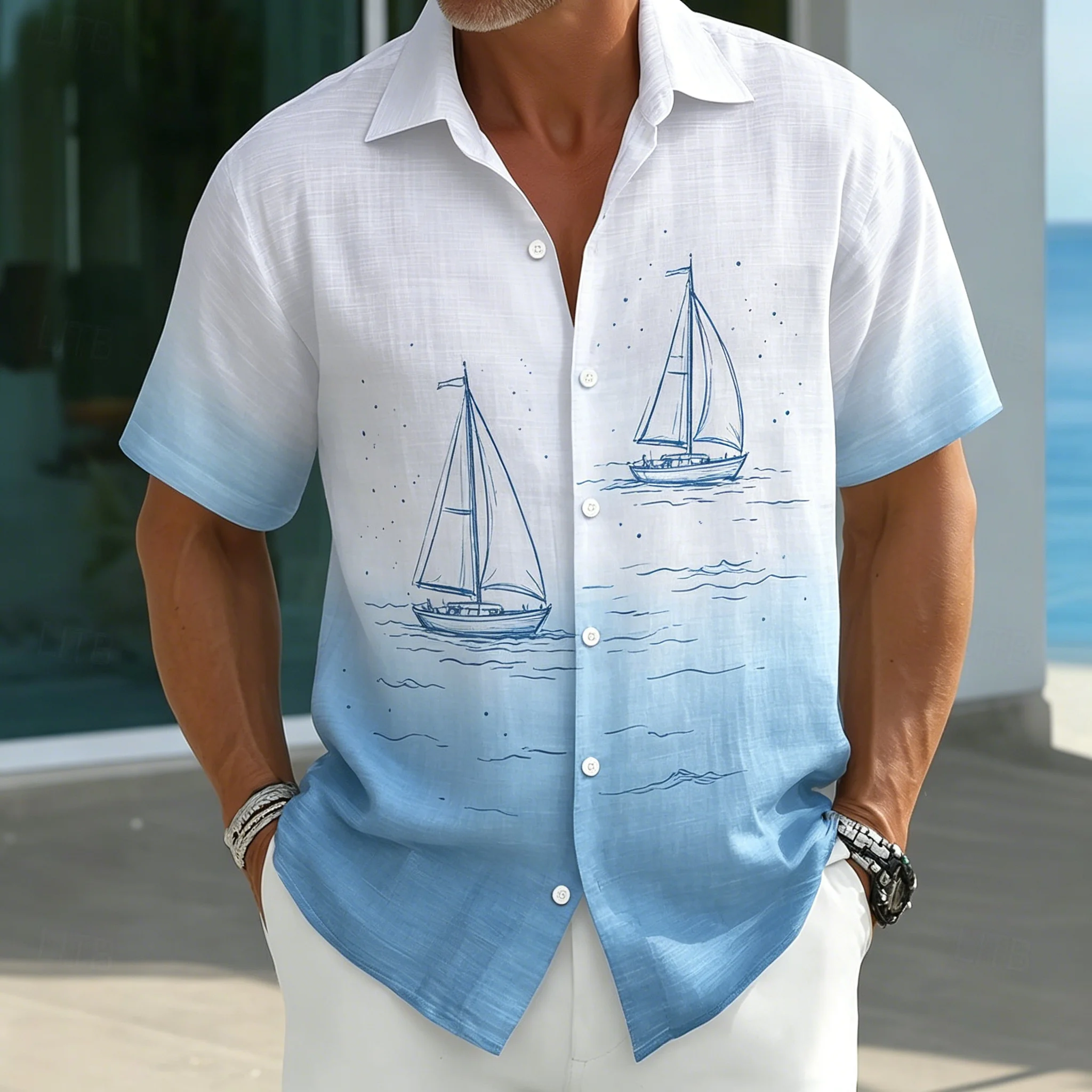 Hawaiian Shirts White Light Blue Gradient Sea Turtle Seaweed Sketch Printed Loose Beach Short Sleeve Lapel Tops Men Clothes