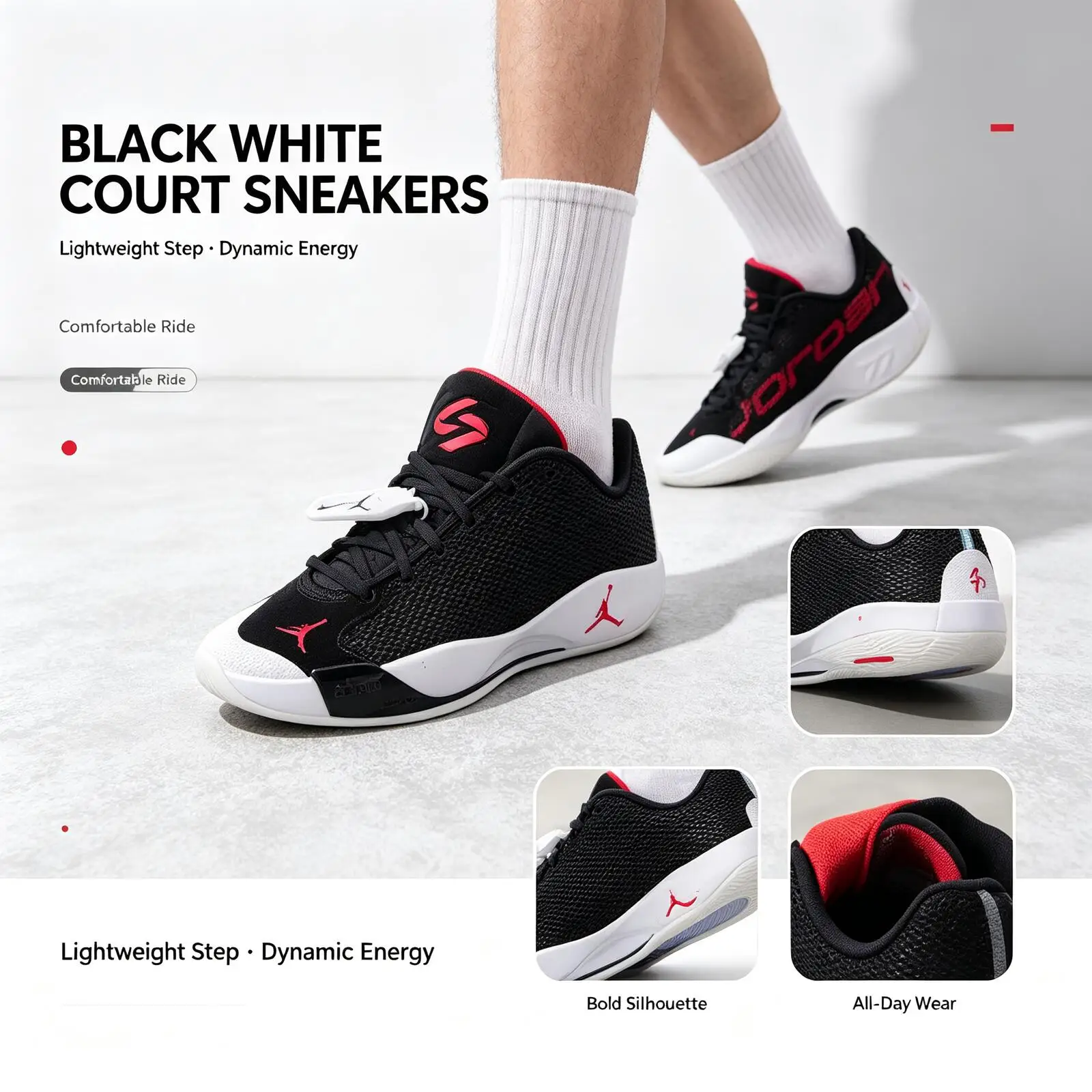 Nike Brandname Black White Red Court Sneakers Bold Contrast Low-Top Sports Shoes Smooth Upper Cushioned Non-Slip Casual Sneakers - view 2