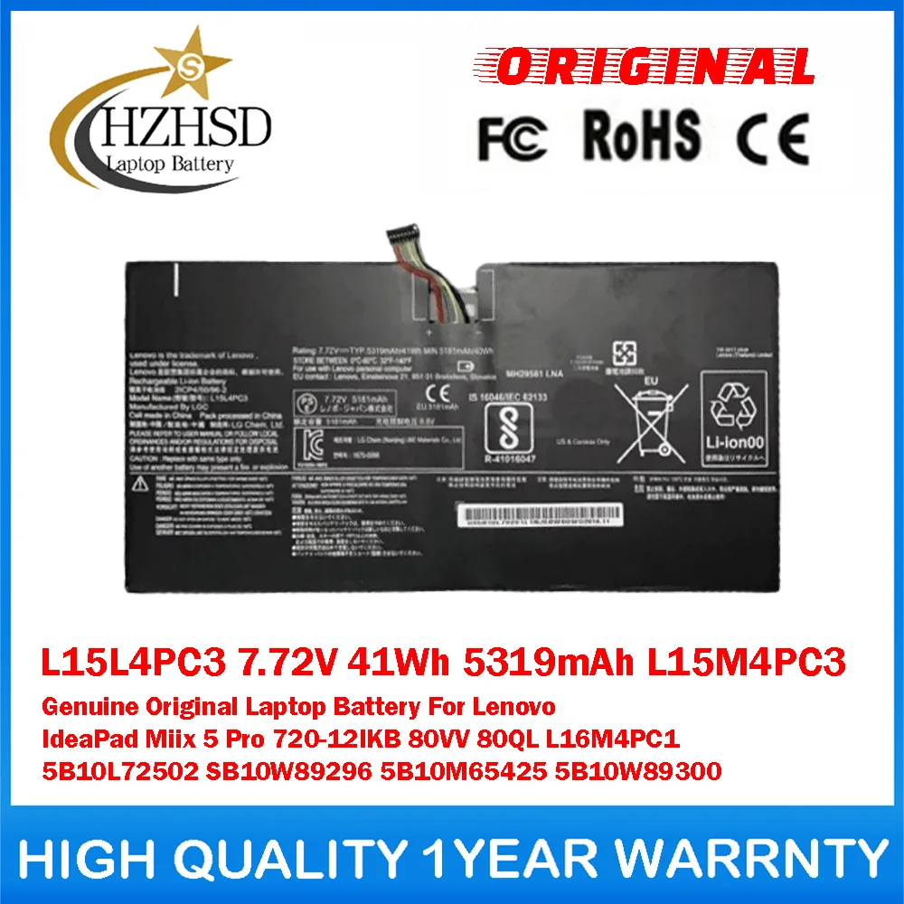 

L15L4PC3 7.72V 41Wh 5319mAh L15M4PC3 Genuine Original Laptop Battery For Lenovo IdeaPad Miix 5 Pro 720-12IKB 80VV 80QL L16M4PC1